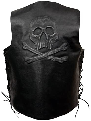 EVENT LEATHER ELM3915 Men's Black Side Lace Motorcycle Leather Vest with Skull and Cross Bones Emboss - 2X-Large