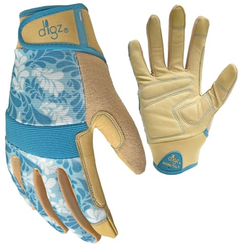 DIGZ 7606-23 High Performance Women's Gardening Gloves, Work Gloves with Touchscreen Compatible Fingertips, Blue Leaves Pattern, Medium