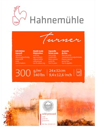 Turner Aquarellblock, 100% mattes Hadern Papier, 300 g/m², naturweiß, 10 Blatt, 24x32 cm