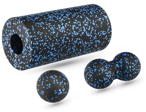 Gymtek Bola de masaje – Set de 2 bolas y rodillo – Doble bola – Masaje de fascia y recuperación muscular – Yoga – Acupresión – Bola de lacrosse – Rodillo muscular – Negro Azul