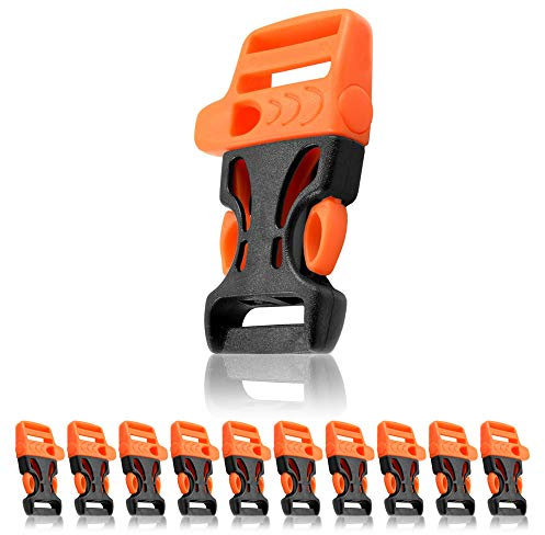 Ganzoo Set de 10 cierres de clip de 19,05 mm de liberación rápida, con silbato y eslabón, de plástico para pulsera de paracord, cuerda o cinturón, 54 x 33 mm, tamaño L, color negro y naranja