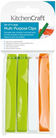 KitchenCraft Beutelklammern Set, 4 Stück, Tütenclips in 3 verschiedenen Farben, Verschlussclips für Tüten, Lebensmittel Clips, Mehrfarbig, 4 Stück