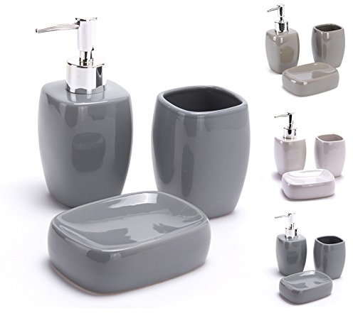 MSV Bad Accessoires Keramik 3-teilig - Seifenspender, Seifenschale, Zahnputzbecher Grau