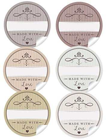 24 STICKER GEMISCHT Edle Aufkleber in 6 Farben mit Herz und Ornamente Made with Love mit Freitextfeld. Papieraufkleber Sticker Etiketten 4 cm matt