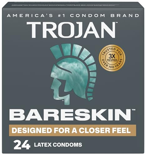 Trojan Bareskin Latex Lubricated Thin Condoms for Men, Designed For a Closer Feel, Made from Premium Latex to Help Reduce Risk of Pregnancy and Sexually Transmitted Infections (STIs), 24 Count