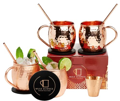 Advanced Mixology Mule Science Moscow Mule Copper Mugs Gift Set of 4 (19 oz) – Handcrafted Hammered Copper Cups, Food-Safe & Tarnish-Resistant – Includes Straws, Coasters & Shot Glass