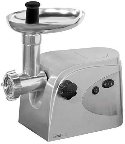 Clatronic FW 3151 Fleischwolf, elektrisch, Wurstmaschine/Fleischmaschine, für Wurst und Gebäck, mit Wurstaufsatz, 3 Edelstahl Lochscheiben, Stopfer, Kebbe-Aufsatz, 1000 Watt, Silber