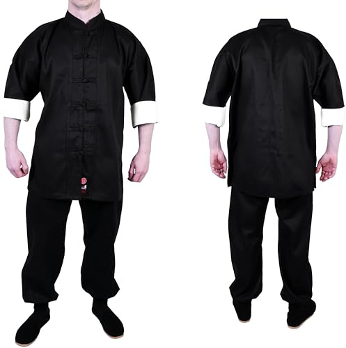 MAR | Black Traditional Kung Fu Uniform Suit, Outfit with White Collar Cuffs, Kung Fu Student's Uniform, 8oz Medium-Weight Fabric Size (6/190)