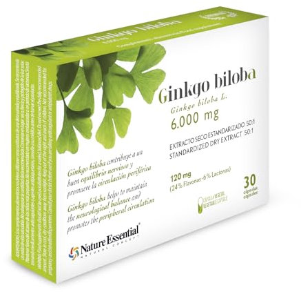 Nature Essential | Ginkgo Biloba 6000 mg. 24% / 6% (Extracto Seco) | 30 Cápsulas Vegetales | con Vid Roja | Vitamina B-1, B-2, B-12 | Ideal para Estudiantes y Deportistas.