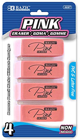 BAZIC Products Pink Bevel Block Erasers, Latex-Free, 4 Count