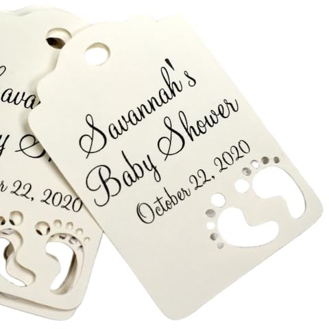 Personalized Baby Shower Thank You Tags with Baby Feet Cut Out, Set of 12 (Cream)