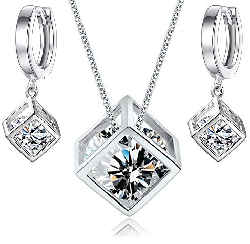 Crystalline Azuria Women 18ct White Gold Plated White Zirconia Crystals Cube Set Pendant Necklace 17.7 inches Dangle Earrings