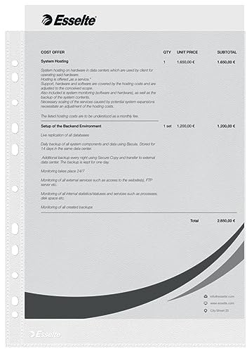 Esselte Funda de Plástico A4 Perforada, Transparente Mate, Abertura Superior, Polipropileno de 43 Micras, Caja de 100, 56133