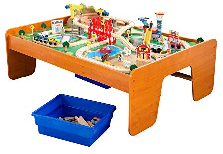 KidKraft Ride Around Town Wooden Train Set and Table with Helicopter, Airplane, Farm, Storage Bins and 100 Pieces, Compatible with Other Major Brand Trains, Honey