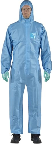 Ansell AlphaTec 1500 Model 111, Disposable Work Overall with Hood, Chemical Protection Type 5/6, Water Repellent Coverall Suit, Industrial Safety Workwear, Men Women, Blue, Size M (1 Unit)