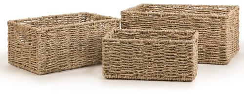 Woodluv Set of 3 Decorative Rectangular Handwoven Natural Seagrass Decor Storage Gift Hamper Display Basket With Inset Handles,Large/Medium/Small