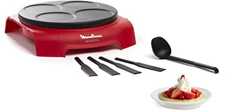 Moulinex PY312511, Crepera Accessimo Placa Prometal con Revestimiento Antiadherente, 720 W, Capacidad de 4 creps, 4 Espátulas y cucharón incluidos, Fácil uso, Almacenamiento vertical, Color Rojo