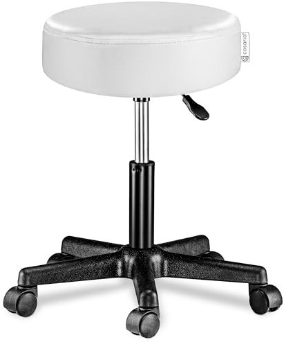 Casaria® Rollhocker Höhenverstellbar 10cm Polsterung 46-60 cm Sitzhöhe 360° Drehbar Ø 35cm Rund Rollen Bürohocker Drehhocker Arbeitshocker Hocker Weiß