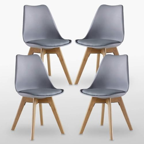 P&N Homewares® Lorenzo Tulip Chair Plastic Wood Retro Dining Chairs White Black Grey Red Yellow Pink Green Blue (SET OF 4) (GREY)