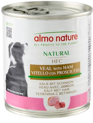 Almo Nature Comida Húmeda para Perros Natural de Ternera y Jamón (12 latas x 290g). Alimento para Perros Monoproteíco Enlatado HFC Cuisine. Snack Complementario sin Gluten.