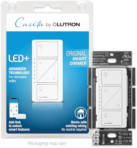 Lutron Caseta Original Smart Dimmer Switch (Lutron Smart Hub Required), for LED Lights, 150 Watt, Single-Pole/3-Way, No Neutral Required, PD-6WCL-WH, White