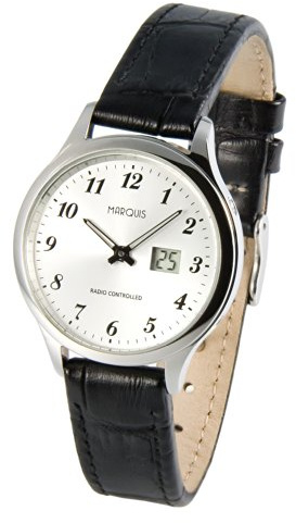 MARQUIS Damen Funkuhr, Schwarzes Lederarmband, Edelstahlgehäuse, deutsches Funkwerk, Armbanduhr 983.4707