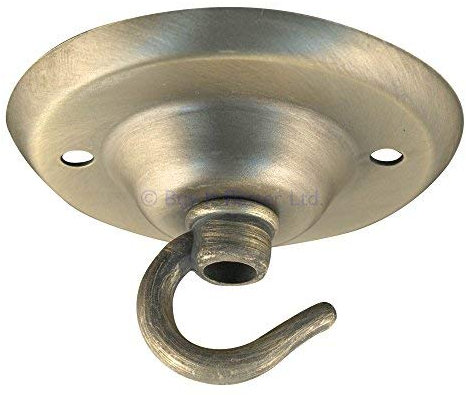 ElekTek Deckenrosette Durchmesser 75 mm mit Haken Metallausführungen Pulverlackierungen + Passende Schrauben. Für Deckenhängeleuchten und Kronleuchter Messing Antik