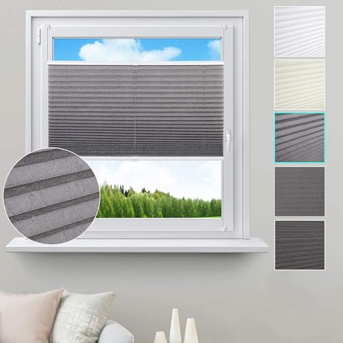 WOLTU Plissee ohne Bohren Klemmfix Faltrollo Jalousie Grau 80x130cm (BxH), Plisseerollo Crushed Optik Sichtschutz und Sonnenschutz Easyfix lichtdurchlässig Rollo für Fenster & Tür