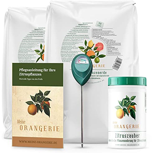 Meine Orangerie Zitrus-Pflegepaket Mezzo: Beste Zitruserde + starker Zitrusdünger + nützlicher Feuchtigkeitsmesser + hilfreiche Pflegebroschüre