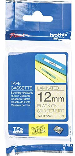 Brother Original P-touch-märkband TZe-MPGG31 12 mm, svart på guldgeometriskt (bland annat för Brother P-touch H200, H100LB/R, H105, E100/VP, D200/BW/VP, D210/VP)
