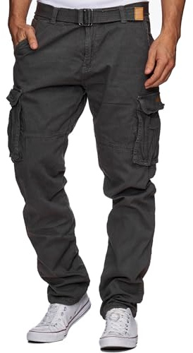 Indicode Herren William Cargohose aus Baumwolle m. 7 Taschen inkl. Gürtel | Outdoorhose Raven, XL