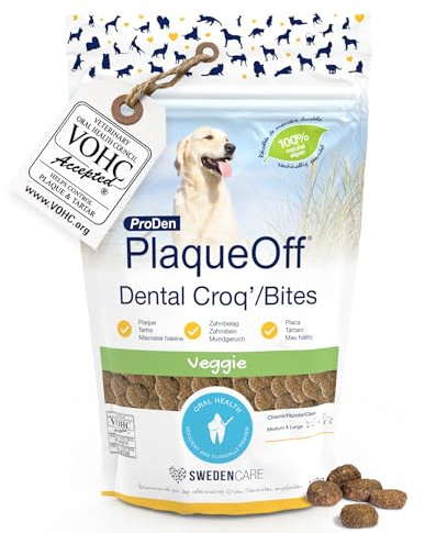 ProDen PlaqueOff - Friandises Croquantes pour Chiens, Anti-Tartre, Plaque Dentaire, Mauvaise Haleine, Algue Naturelle, Résultats Cliniquement Prouvés, Chiens de plus de 10kg, Goût Légumes, 150 grammes