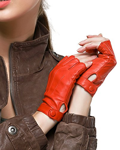 Nappaglo Women Driving Nappa Leather Gloves Half Finger Fingerless Lined Gloves