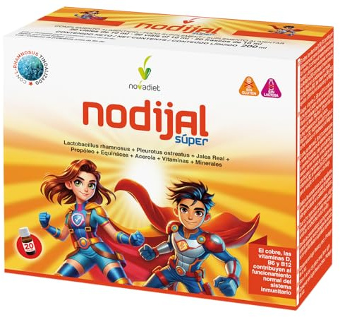 Novadiet - NODIJAL SUPER Formula Mejorada con Pleurotus Ostreatus, Jalea Real, Propóleo, Equinácea, Acerola, Vitaminas y Minerales, Ayuda Sistema Inmune y Etapa Crecimiento Niños - 20 Viales 10 ml