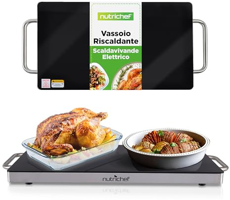 Nutrichef Plancha electrica, Grande, Hot Plate, Acero Inoxidable, Calienta Platos, Superficie de Vidrio Negro, Ideal para hogar, Buffets, Fiestas, Cocinas y restaurantes