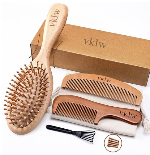 vklw Wooden Hair Brush and Comb, One-piece Design, Reduce Frizz and Static, Massage Scalp, Detangling Paddle Hairbrush for Women, Girls, Kids, Includes Cleaning Claw, 5 Wood Bristles