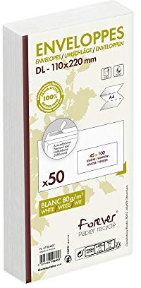 Clairefontaine 610645C - Packung mit 50 Umschlägen Forever 100% Recycling Papier DL-110x220mm selbstklebend, 80g, mit Sichtfenster 45x100 (20/20), Weiß, 1 Pack