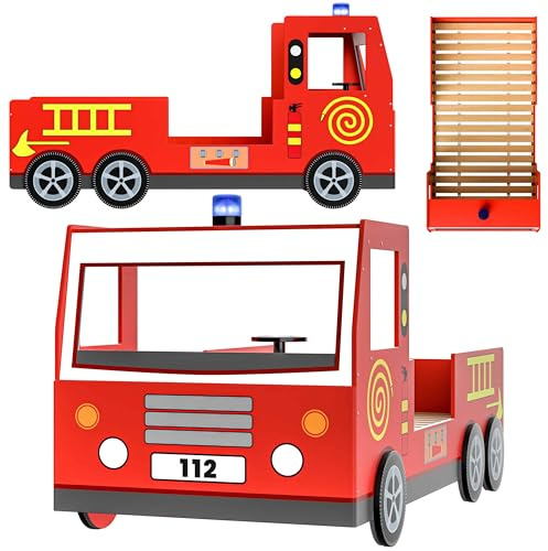 Casaria® Lit Enfant Camion de Pompier Rouge 90x200 cm Barrière Anti-Chute, Sommier à Lattes - Gyrophare Bleu - Lit Voiture garçon ou Fille 90x200