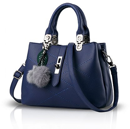 NICOLE & DORIS 2025 Neue Frauen tasche Damen Leder Handtasche Mode Umhängetasche Mit Pompon abnehmbarem Schultergurt handtasche Blau