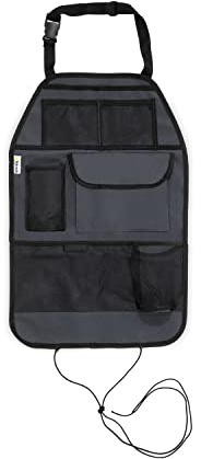 hauck Cover Me Deluxe, Grau - Universal Auto Rückenlehnenschutz & Autositz Organizer 38 x 59 cm mit Taschen und Getränkehalter, Schützt Autositz vor Schmutz, Wasserabweisend & Leicht Abwischbar