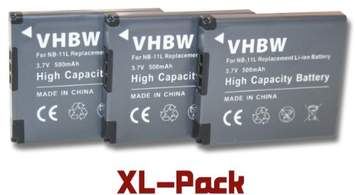 vhbw 3X Akku kompatibel mit Canon IXUS 132, 135, 155, 150, 125, 127, 130, 137, 133, 147, 125 HS, 140, 145 Kamera (500 mAh, 3,7 V, Li-Ion)