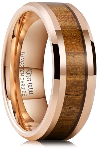King Will 8mm Tungsten Wedding Band for Men Nature Koa Wood Grain Inlay Mens Wedding Ring Rose Gold Plated High Polished Beveled Edges Comfort Fit Size 10