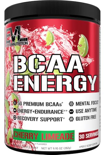 EVL BCAAs Amino Acids Powder - BCAA Energy Pre Workout Powder for Muscle Recovery Lean Growth and Endurance - Rehydrating Post Workout Recovery Drink with Natural Caffeine - Cherry Limeade
