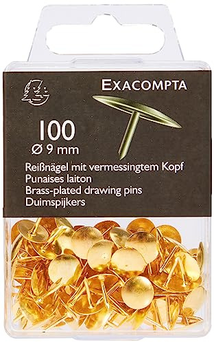 Exacompta - Réf. 14741E - Boîte de 100 punaises - Hauteur de la pointe 9 mm - Diamètre 9 mm - Pour fixer cartes, photos, posters, documents, cadres, guirlandes - Couleur laiton
