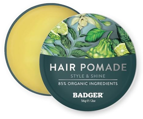 Badger Hair Pomade for Men, Organic, Easy to Use, Subtle Masculine Scent, Medium Hold Hair Pomade with Medium Shine Finish, Nourishes Hair & Scalp 2 oz Tin