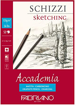 Honsell Fabriano Accademia Schizzi 41122129 DIN A4 120 g/m² 50 Sheets White High-Quality Eraser-Resistant Drawing Paper Acid and Lignin Free for All Dry Techniques