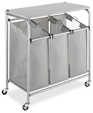 Whitmor 3 Section Rolling Laundry Sorter with Folding Station - Ironing Board, Chrome / Gray