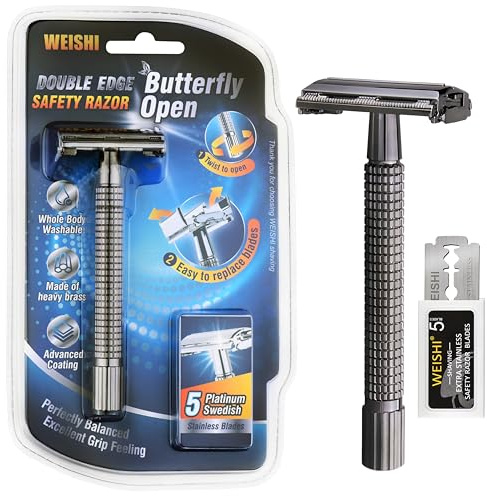 WEISHI Butterfly Open Double Edge Safety Razor for Men, Nostalgic Long Handle with 5 Stainless Razor Blades, Reusable Wet Shave Tool for Smooth, Close Shave