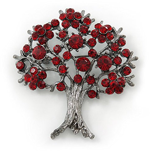 Broche Arbre de vie cristal bordeaux en finition métal vert de gris