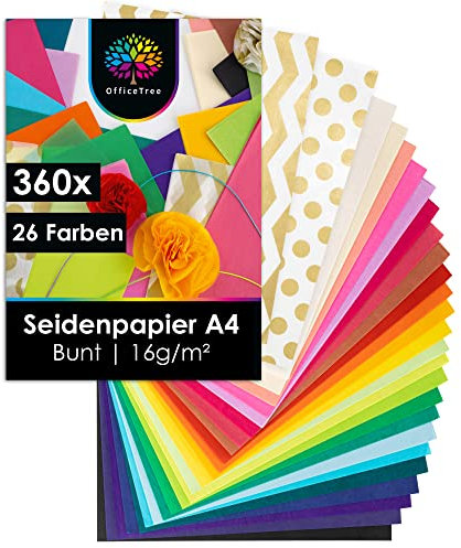 OfficeTree 360 x Seidenpapier A4 in 26 Farben - Seidenpapier Bunt zum Basteln 16 g/qm - Art Tissue Paper - Buntes Seidenpapier Set - Seidenpapier Basteln & DIY & Verpacken